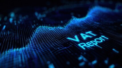 Illuminated VAT Report text on a glowing blue digital landscape, portraying the financial analysis and business monitoring. ..Created with Generative AI, not depicting real subjects.