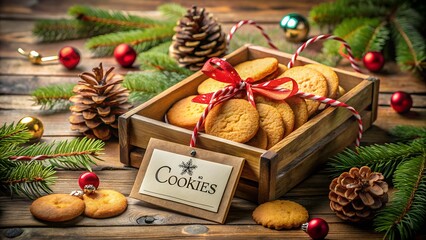 Festive christmas cookies in a wooden box with pine cones and ornaments