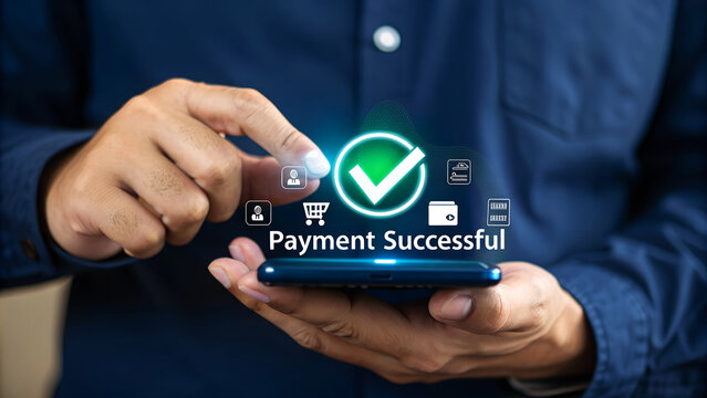 Effortless online payment success confirmed with a tap on a smartphone, symbolizing digital transactions and financial achievement. - Powered by Adobe