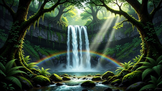 Waterfall with rainbow in lush forest
