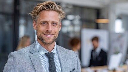 Confident smiling businessman in a modern office radiates success and inspires trust showing professionalism, perfect for corporate communications