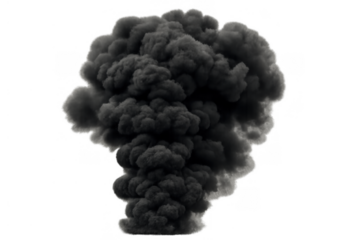 Black smoke rising and expanding, forming a large, dense mushroom cloud, symbolizing contamination, danger, and global warming, on a transparent background