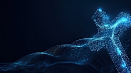 A radiant and ethereal image of a cross. The cross glows with a celestial light amidst a backdrop of vibrant, abstract, digital particles. ..Created with Generative AI, not depicting real subjects.