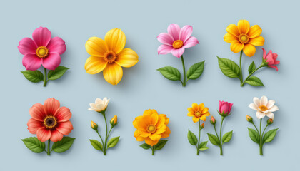 Naklejka premium Pink flower yellow flower orange flower spring bloom green leaf floral icon delicate petal pastel background joyful