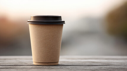 Brown paper coffee cup with lid on wooden table at sunrise
