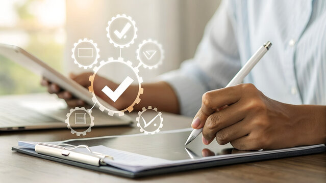 Professional managing workflow with digital tablet and checkmarks, ensuring quality and efficiency in business operations.