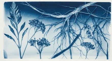 Cyanotype print showcasing intricate plant roots, delicate seed heads, and feathery leaves