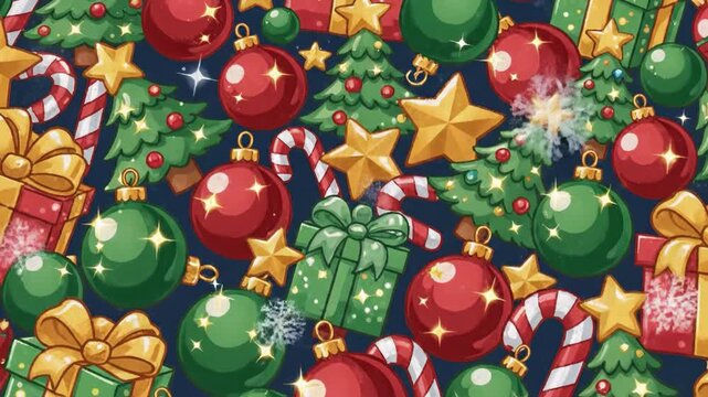 Christmas background with colorful gift box star candy cane shiny ball decoration green red gold tones festive holiday decoration creating joyful festive holiday atmosphere christmas background