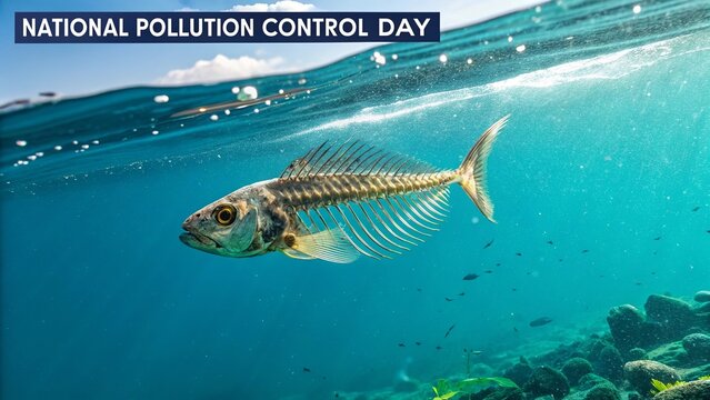 A fish skeleton floating in polluted water depicting ecosystem collapse and environmental danger.