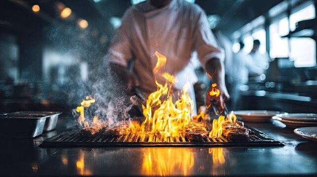 Dynamic chef grilling juicy steaks with vibrant flames in a professional restaurant kitchen, showcasing culinary expertise and delicious food preparation