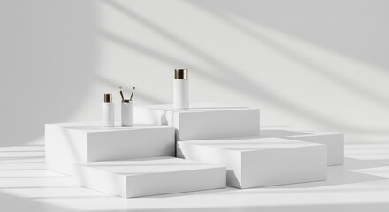 Minimalist display of beauty products on white geometric pedestals, dappled light