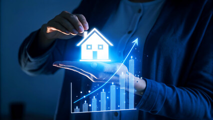 Empower your real estate investments with glowing house symbol and upward trending financial graph
