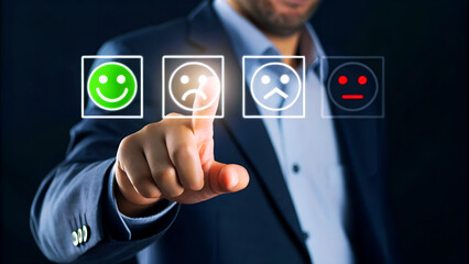 Man's finger selecting a negative emotion from a digital survey interface, capturing customer feedback and experience evaluation