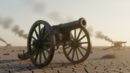 Old cannon on dry battlefield with smoke