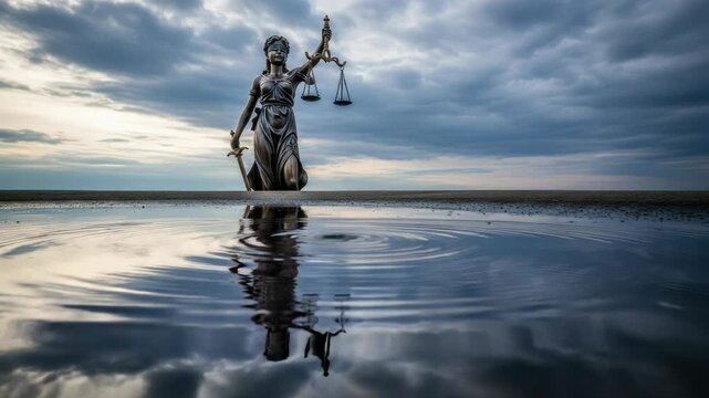 Dramatic Lady Justice Statue Reflecting on Water under a Stormy Sky Provides a Powerful Sense of
