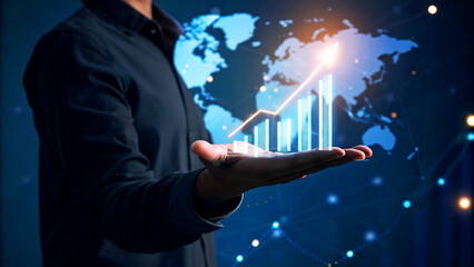 Unlock global success presenting dynamic financial growth charts with a world map backdrop for visionary business leaders and investors seeking profit