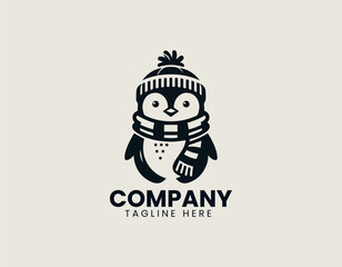 Adorable penguin wearing a cozy scarf and warm hat in a friendly winter themed black vector logo illustration