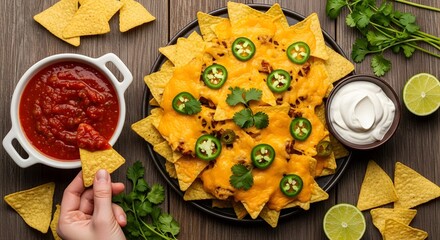 A hand dips a tortilla chip into salsa next to a platter of loaded nachos with cheese and jalapeños.
