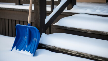 Snow shovel on wooden porch steps — Symbol of winter chores and seasonal resilience