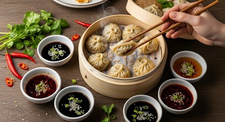Close-up shot of delicious dumplings in a bamboo steamer with dipping sauces.