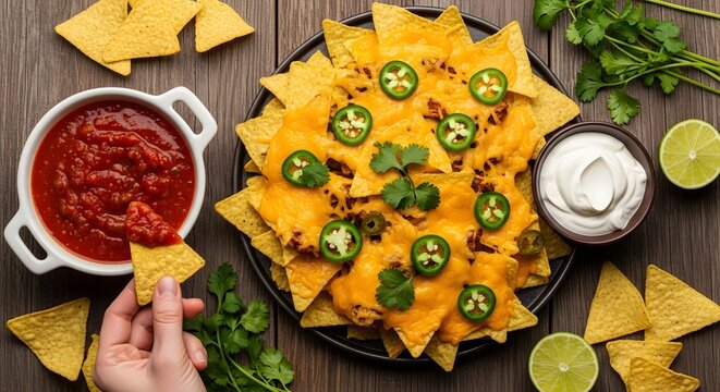 A hand dips a tortilla chip into salsa next to a platter of loaded nachos with cheese and jalapeños.