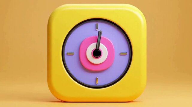 A stylized 3D rendered clock icon with a yellow square frame and a colorful circular face.