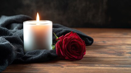 Remembering loved ones with a lit candle and red rose on wooden table providing comfort and peace during times of grief and loss with soft light