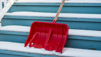 Red snow shovel on painted steps — Symbol of vigilance and seasonal duty