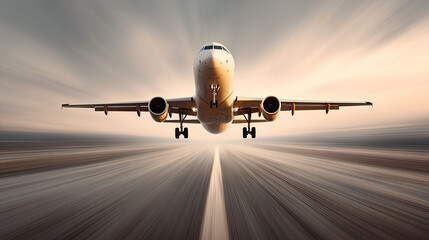 Fototapeta premium Airliner landing toward camera with motion blur sunset glow
