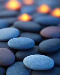 Warm stone cluster with soft reflections, wellness, grounding steady calm