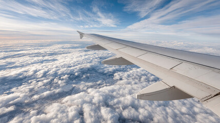 Fototapeta premium Airplane wing above cloud layer with soft sunlight