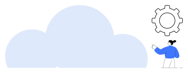 Giant blue cloud and gear with a person pointing towards it. Ideal for technology, innovation, data management, system settings, cloud storage, digital solutions, simple flat metaphor