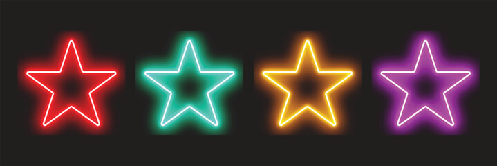 Set of Colorful Neon Star Icons. Glowing Red, Teal, Gold, and Purple Star Shapes for Rating, Nightclub, and Retro Design