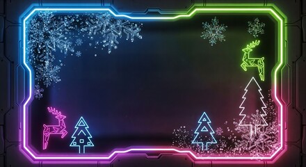 A futuristic Christmas frame glowing with neon lights. Digital snowflakes sparkle around the edges, while geometric neon reindeer and Christmas trees create a modern, cyber holiday atmosphere