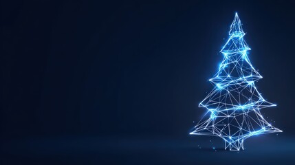 A shimmering digital Christmas tree, formed by a network of glowing lines and points, stands against a deep, dark backdrop. ..Created with Generative AI, not depicting real subjects.