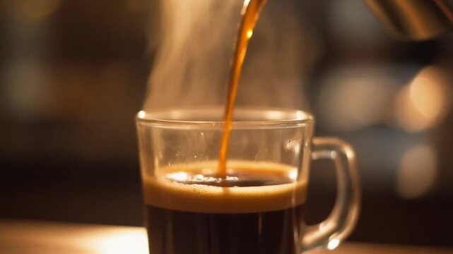 Slow-motion close-up shot of freshly brewed coffee pouring into a clear glass mug