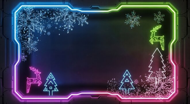 A futuristic Christmas frame glowing with neon lights. Digital snowflakes sparkle around the edges, while geometric neon reindeer and Christmas trees create a modern, cyber holiday atmosphere