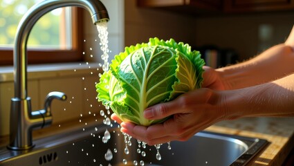 Hands washing fresh cabbage under kitchen faucet