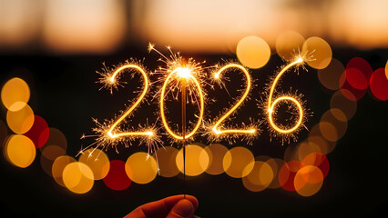 A hand holds a sparkler creating the glowing number 2026 against a blurred, warm bokeh background, celebrating a new year.