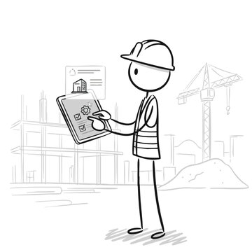 A cartoon construction worker in a hard hat and vest utilizes a digital tablet for efficient project oversight against a detailed sketched building site.