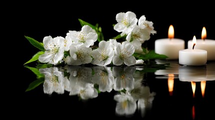 Peaceful blossoms and candlelight reflecting on water, perfect for moments of reflection and remembrance, creating a serene and calming atmosphere