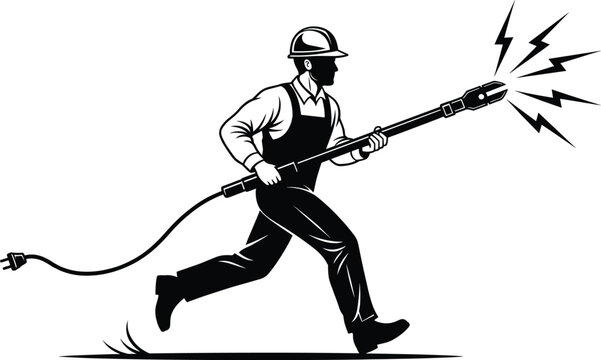 Electrician running fast with sparking power tool