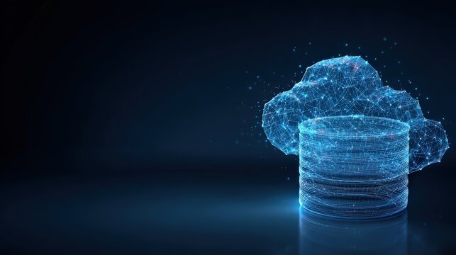 A futuristic depiction of cloud storage and data center technology rendered in cool neon blue, suggesting concepts such as network. ..Created with Generative AI, not depicting real subjects.