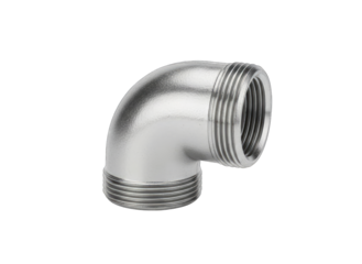 Polished Metal 90 Degree Elbow Pipe Fitting with Male Threads on a Transparent Background