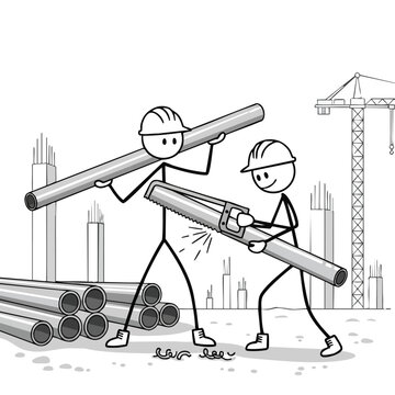 Two stick figure construction workers in hard hats diligently cut and transport metal pipes on a busy building site, symbolizing teamwork and progress.