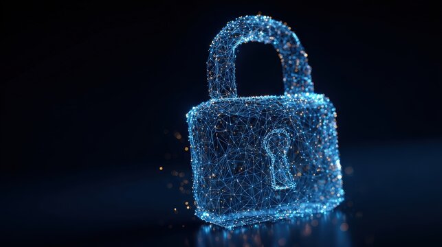 A digital padlock shines brightly against a dark background, representing security, protection and safeguarding in a futuristic graphic. ..Created with Generative AI, not depicting real subjects.