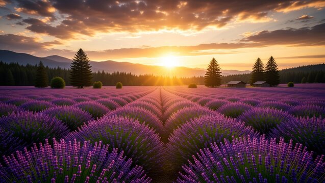 Lavender field at sunset with mountains and pine trees