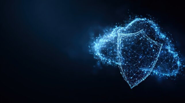 A futuristic digital cloud with a protective shield symbolizes the crucial role of data security in the information age. ..Created with Generative AI, not depicting real subjects.
