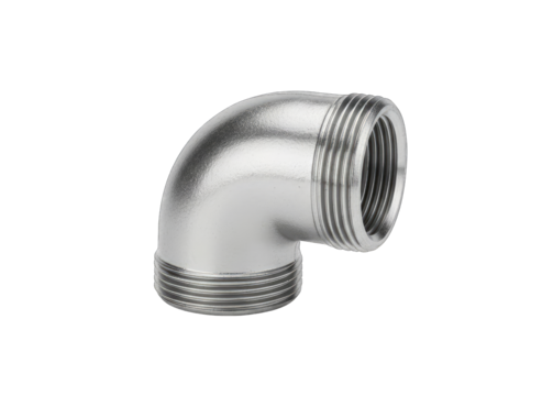 Polished Metal 90 Degree Elbow Pipe Fitting with Male Threads on a Transparent Background