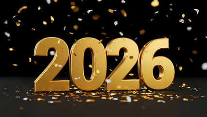 Golden 2026 numerals sparkle against a dark background, celebrating the future with festive confetti, symbolizing the upcoming year.